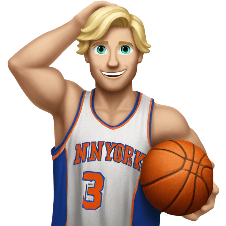 Blond guy of medium build dunking a basketball with New York Knicks colours and a number 3 jersey, surname bell make sure he’s scoring a shot emoji