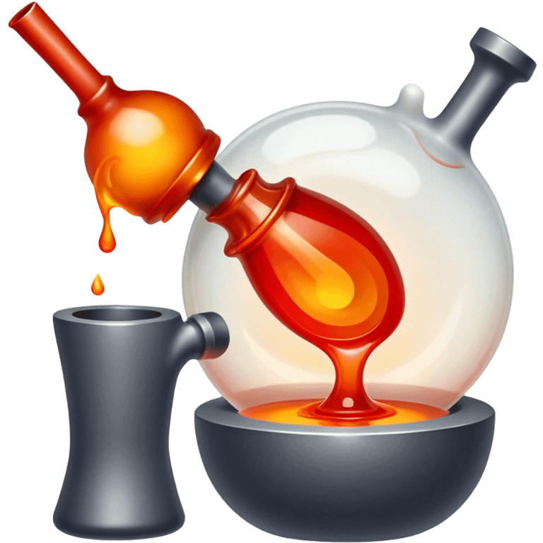 Glassblowing and casting icon, molten glass being shaped into a delicate object with a blowpipe, glowing red-hot glass being poured into a mold, unfinished glass sculpture, minimalistic style, clean lines, transparent background. emoji