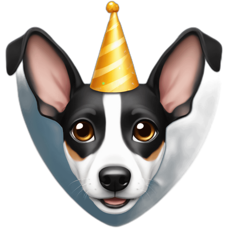 rat terrier colored black and white, no brown, wearing party hat emoji