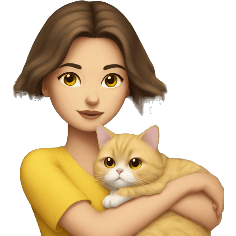 Brunette girl snuggling yellow Persian cat emoji