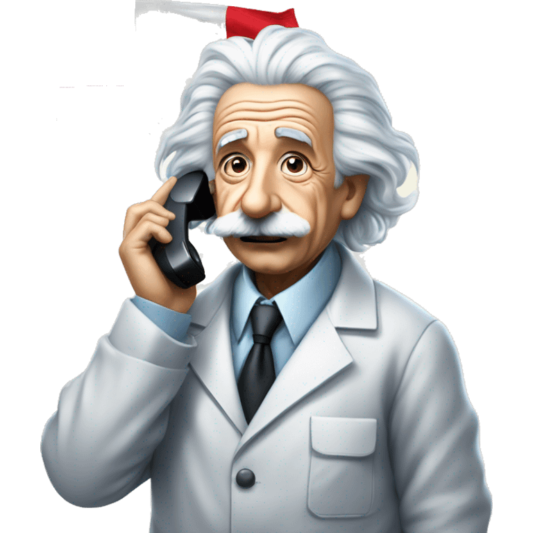 Albert Einstein dressed in scientific outfit with making a phone call on a flip phone and a french flag in the other hand emoji