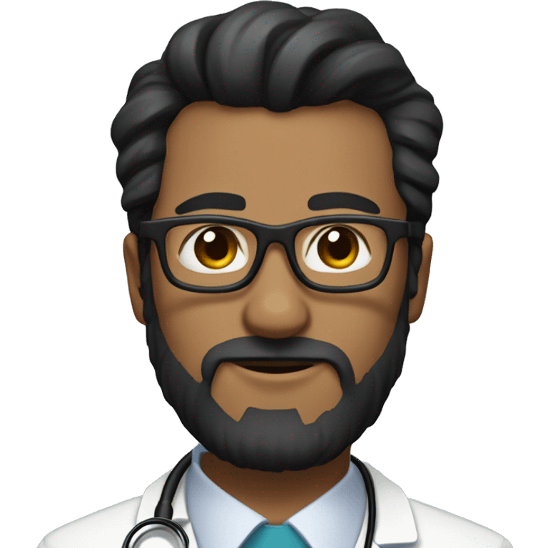 male doctor with full short beard, has black hair in a short ponytail and wears black glasses emoji