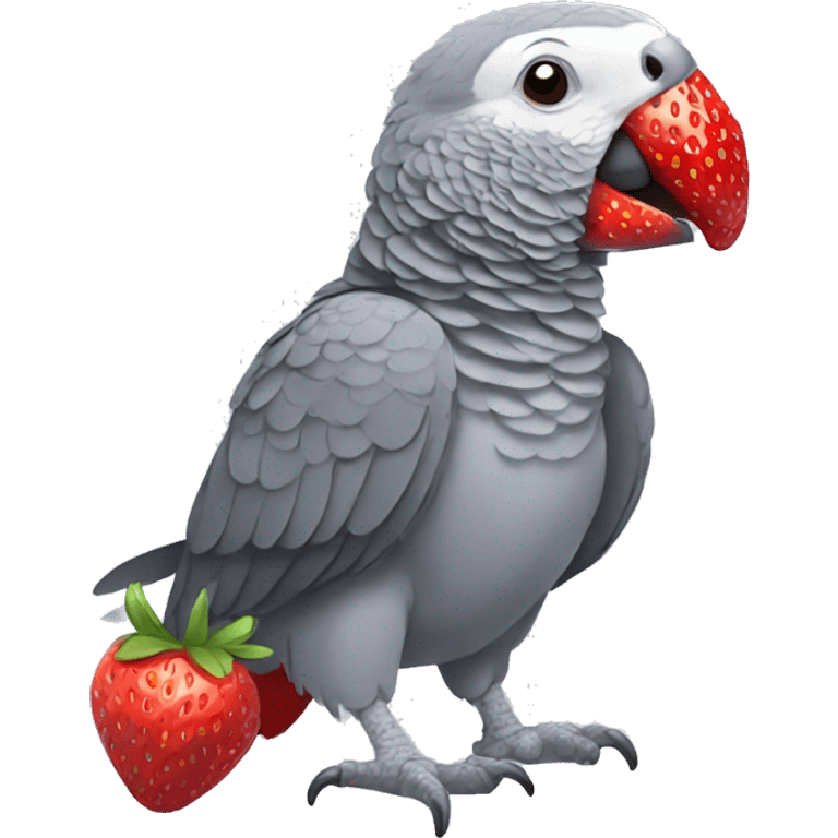 African grey parrot eating a red strawberry with its beak emoji