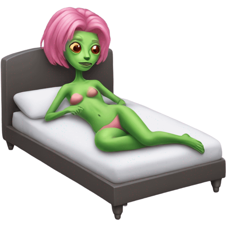 a green alien woman pink hair, laying on the bed emoji