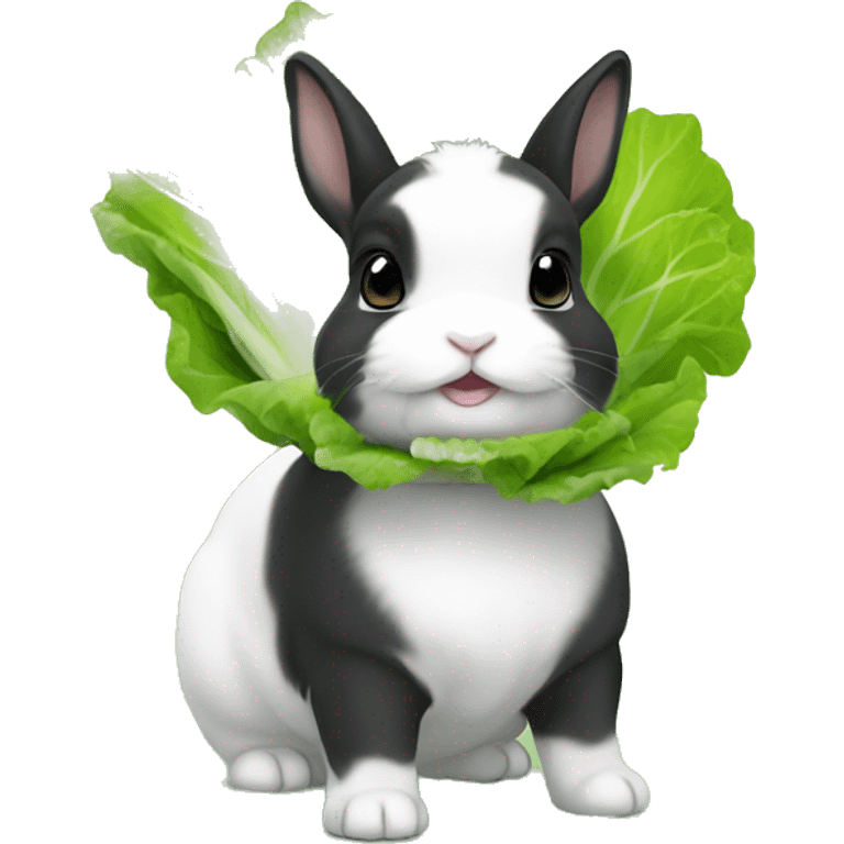 black and white mini netherland dwarf with lettuce emoji