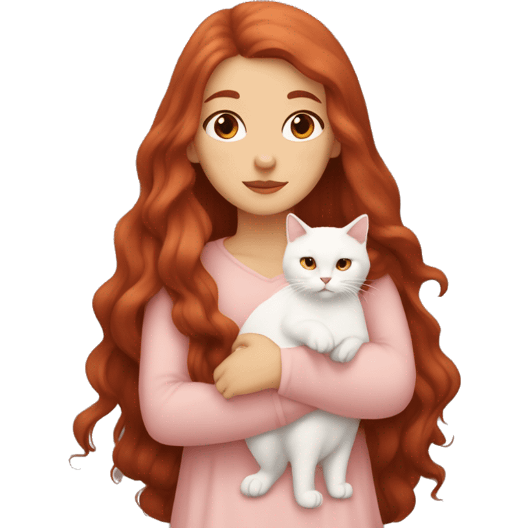 girl with very long dark red hair and brown eyes and light pink outfit hugging a white and ginger scottish cat  emoji