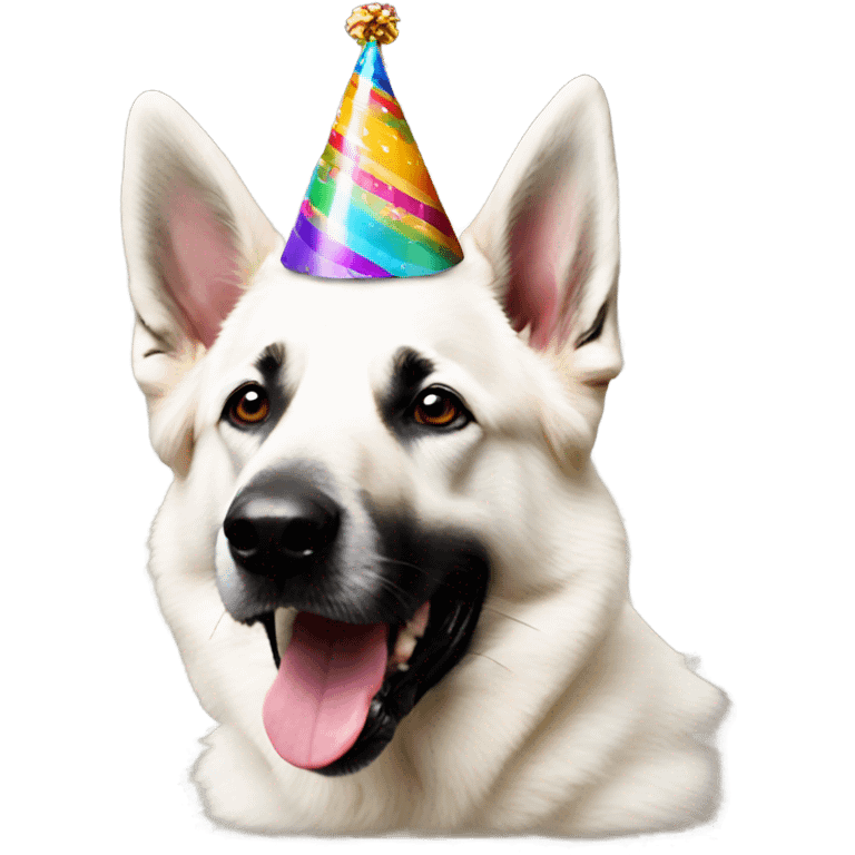 White German shepherd wearing birthday hat emoji