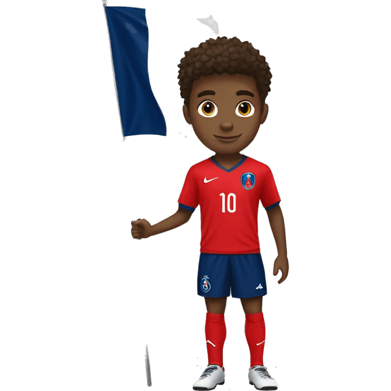 adolescent homme de 15 ans métisse avec des cheveux mi long mi court et brun avec un maillot du psg et un drapeau de la france en arrière plan emoji