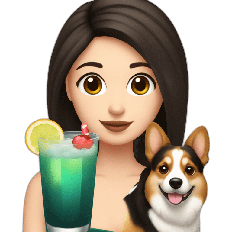 a white girl with dark hair holding a corgi and a cocktail emoji