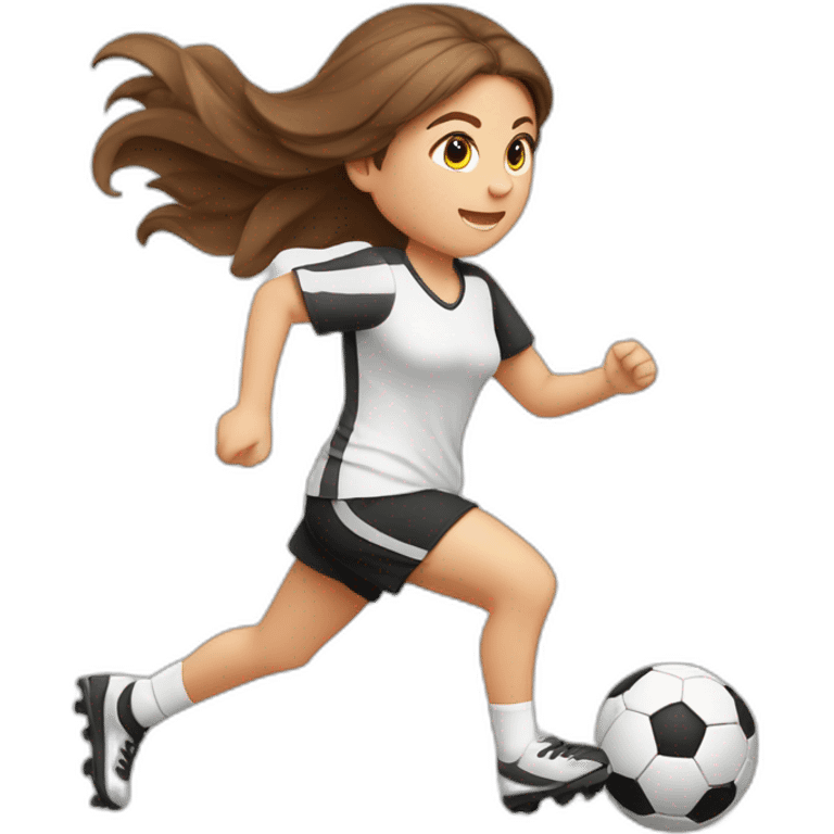 Caucasian girl with brown long hair running with a soccer ball wearing White short and black shorts emoji