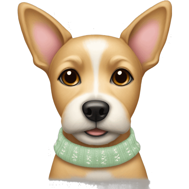 Small/ medium tan terrier Dog with a pastel Christmas sweater and white bow emoji