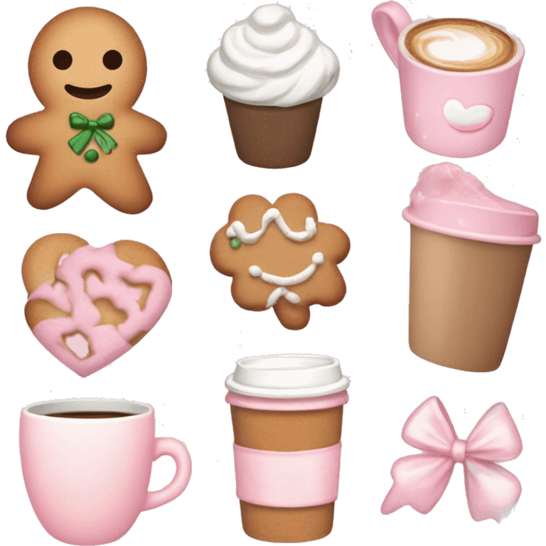 light pink, pink, beige, bemrown aesthetic winter emojies like gingerbread man, cute bows, coffee, matcha and all the girly aesthetic  emoji