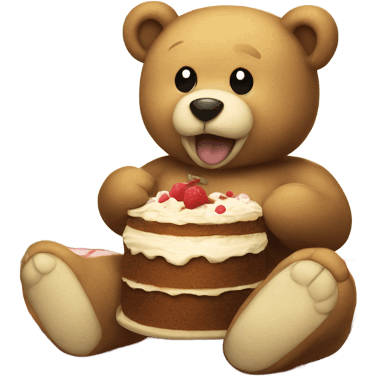 teddy bear sitting on a picnic blanket eating cake  emoji