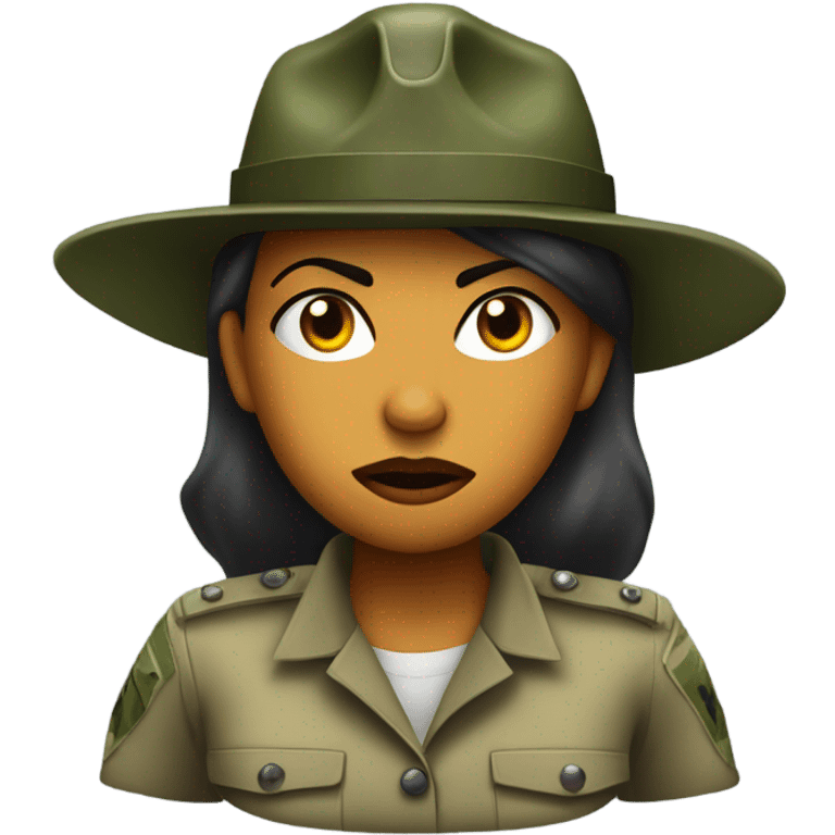 a female drill sergeant showing full torso wearing a classic sergeant hat and a camouflage army shirt. The character should have an angry intense expression.  emoji