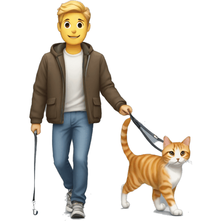 man walking a tabby cat on a leash emoji