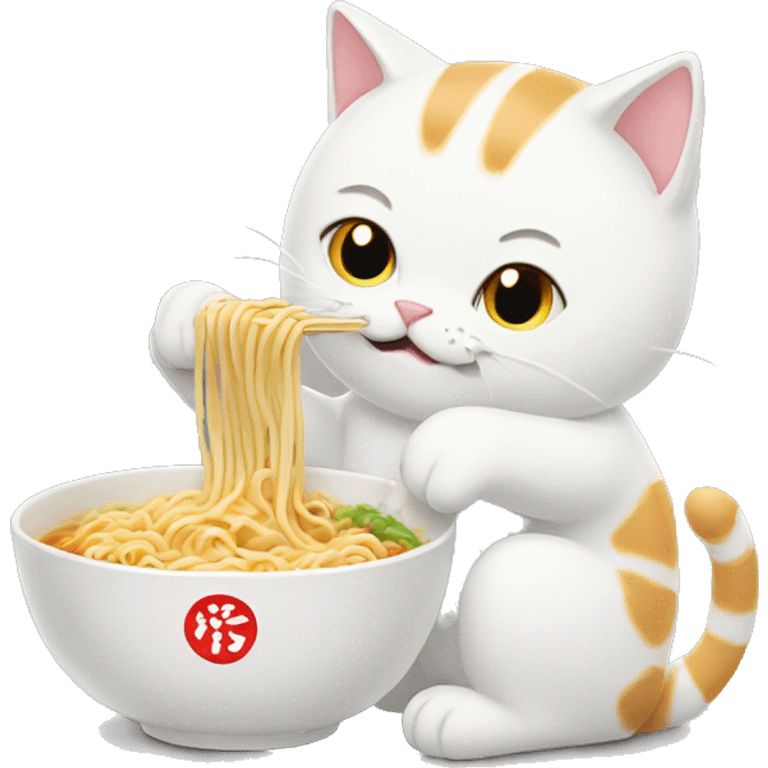 White cat eating ramen noodles emoji