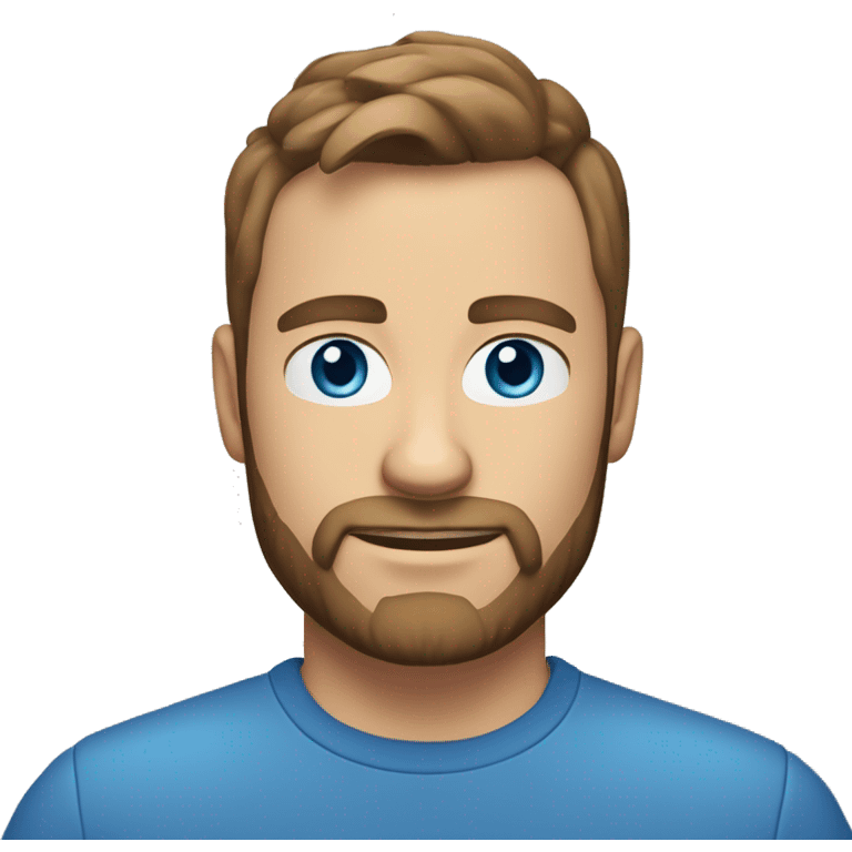 A head and shoulders shot of a 35 year old Caucasian man, with short brown hair, with beard facial hair,   with blue eyes wearing a t-shirt. emoji