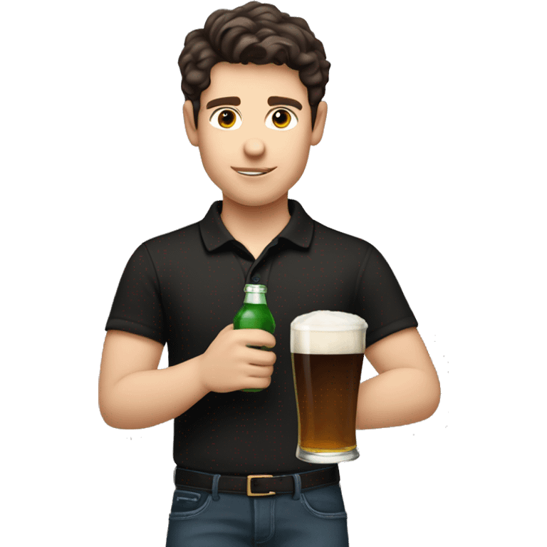 Short hair slightly curly dark brown hair boy with pale skin and brown eyes wearing black polo holding a pint alcohol in hand   emoji