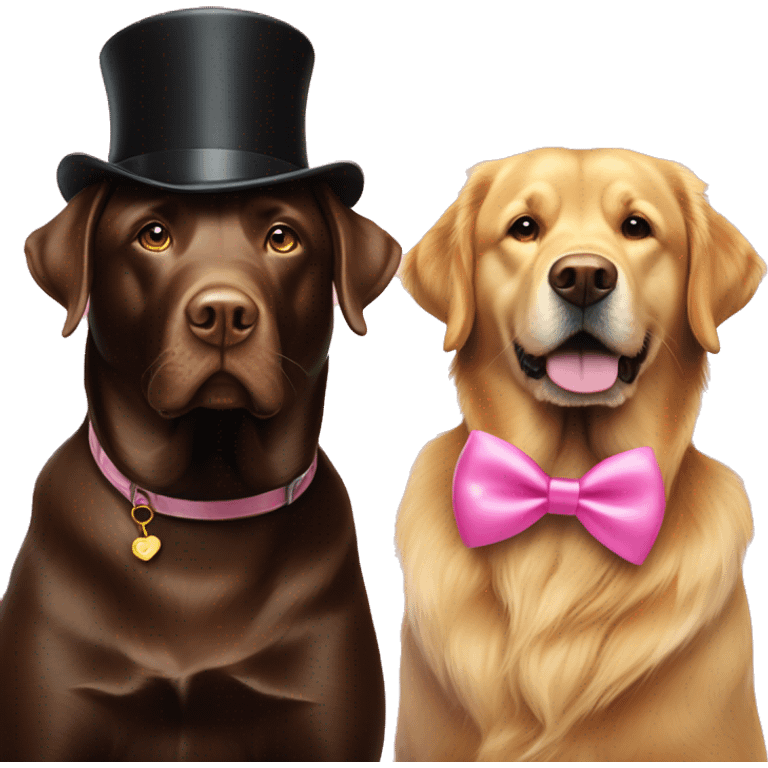 A chocolate lab with a pink bow on her head sitting next to a golden retriever big brother who has a top hat on  emoji