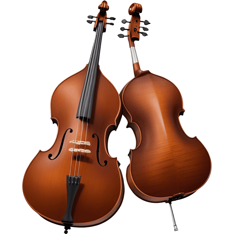 Create an elegant and detailed emoji representing a Gliga Gama double bass with bow. The design should showcase the large, sleek body of the double bass with its rich wood finish, including the characteristic curves and deep tone holes. The bow should be elegantly positioned next to the instrument, highlighting the hair and smooth wooden stick. Use warm wood tones like chestnut brown for the body of the bass, silver accents for the fittings, and dark brown for the bow. Add subtle musical notes or sound waves flowing from the bass to represent its deep, resonant sound. The background should be transparent. emoji