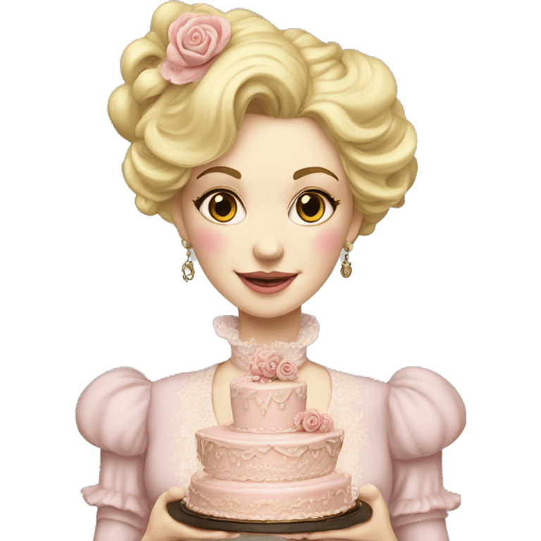 Blonde Woman holding a Vintage, highly detailed, rococo, Victorian, Birthday cake, pale pink, emoji