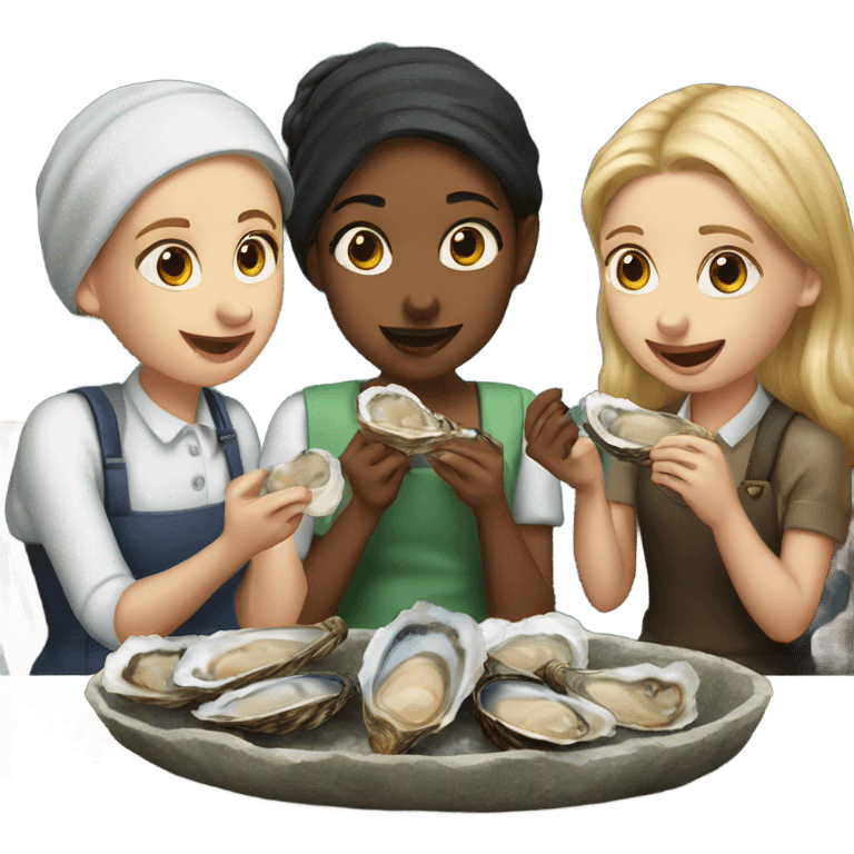 Three white Burnett girls eating oysters emoji