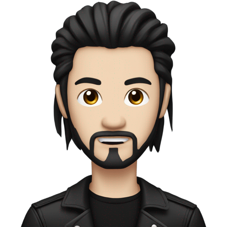 Chinese Man with pale skin, very long black hair, black goatee, square jawline, eyeliner, black leather jacket, black pants, black shirt and pentacle necklace emoji