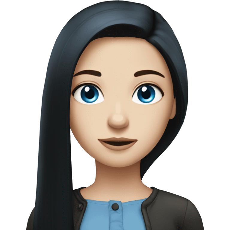 a girl with fair skin, straight long black hair, blue eyes, standing, very beautiful, very hot emoji