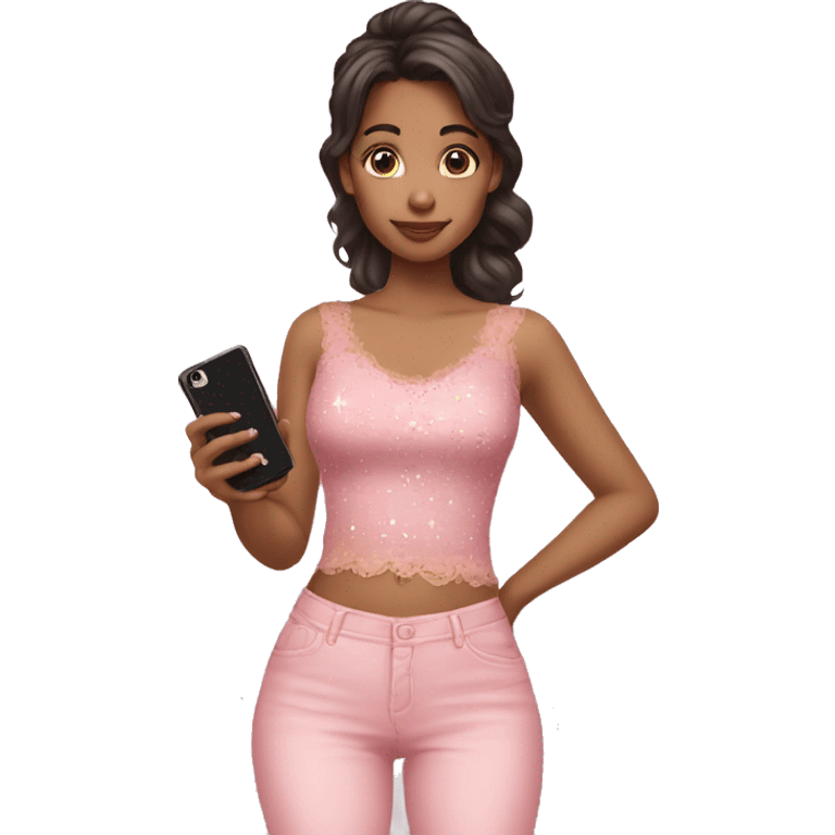 brown yellowish girl in a pink lace top holding a phone with a black case with white stars on it emoji