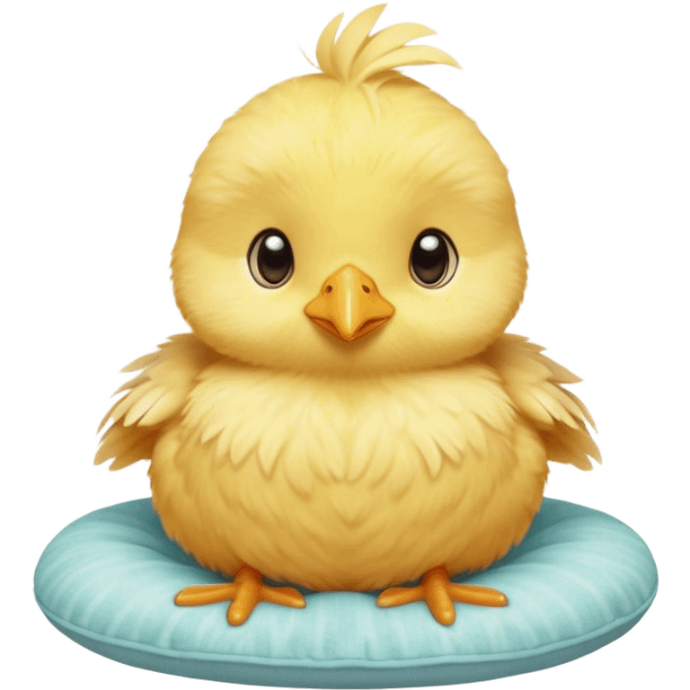 Cinematic round fluffy chick, golden yellow, tiny beak and feet, soft downy feathers, sparkling gentle eyes, sitting on a pastel-colored cushion, radiating warmth and sweetness. emoji