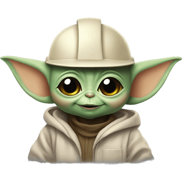 Baby Yoda in a construction helmet
 and smiling face emoji