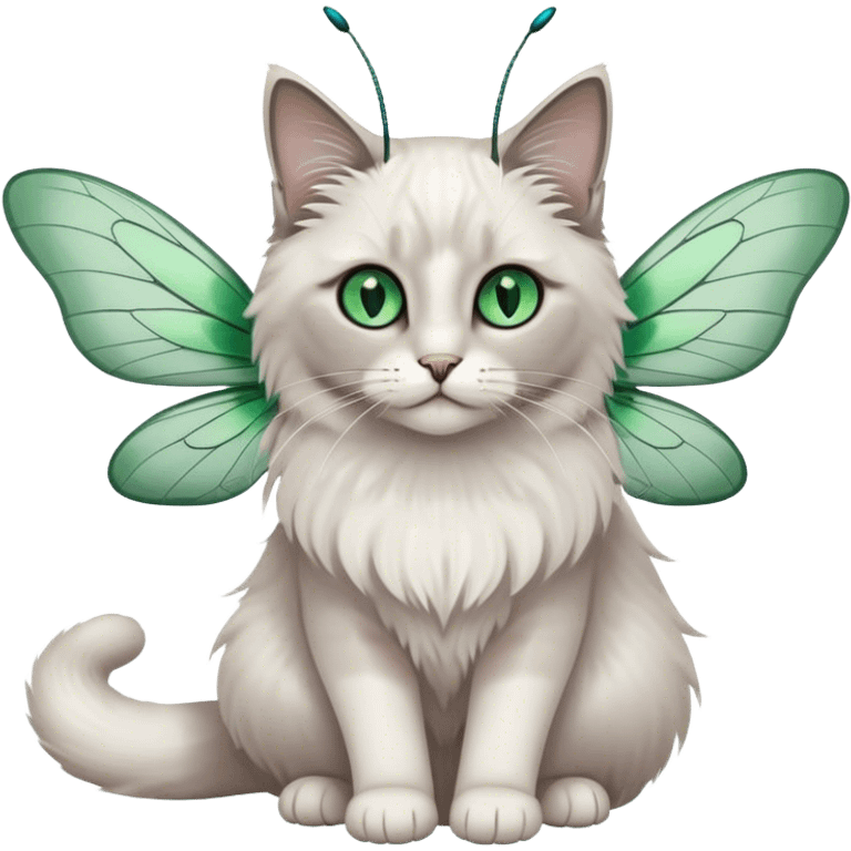 White and gray ragdoll Cat with dragonfly wings antennae green eyes emoji