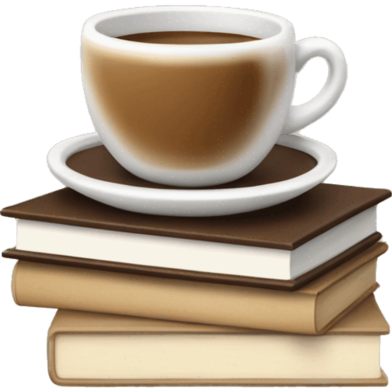 white cup of coffee on top of a small stack of brown and beige books emoji