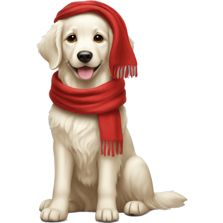 White golden retriever wearing a red scarf emoji