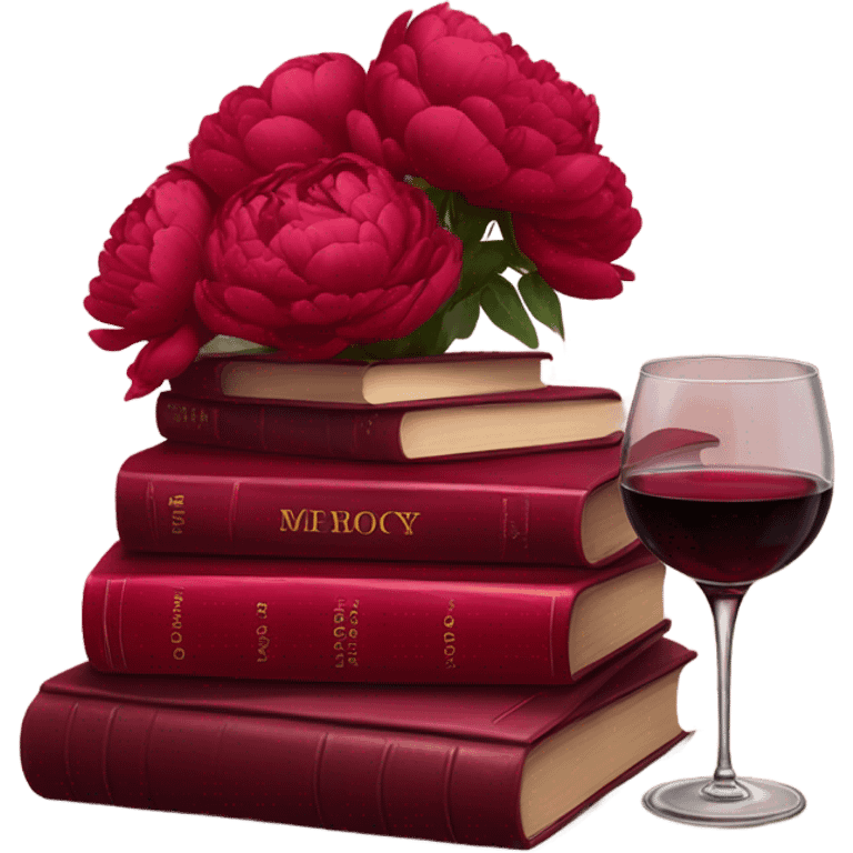 A crimson stack of books with deep red peonies and a glass of red wine emoji