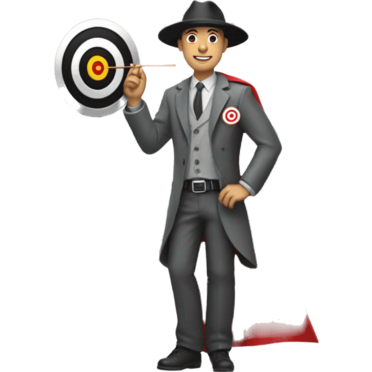 man with grey shirt and black pants and grey hat with Target bullseye on it, and a red cape emoji