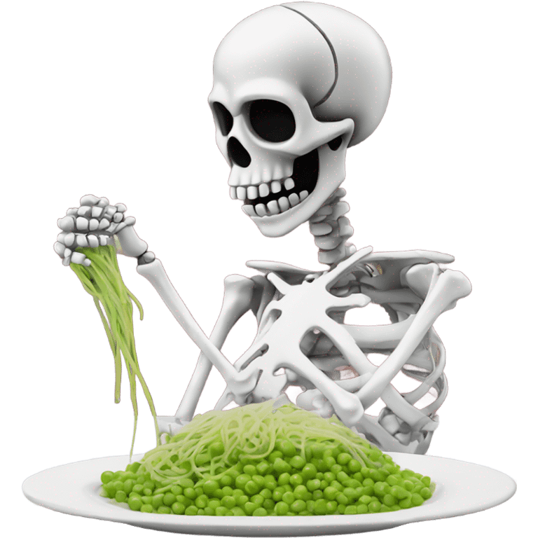 Skeleton made out of chrome eating spaghetti with peas emoji