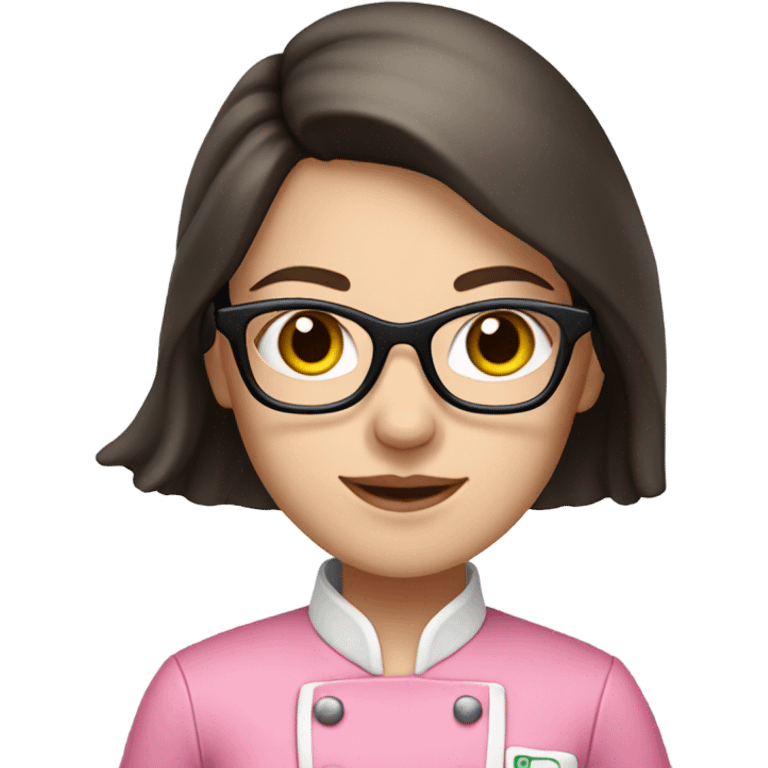 long brunette hair girl with pale skin and black glasses and a pink chef outfit emoji