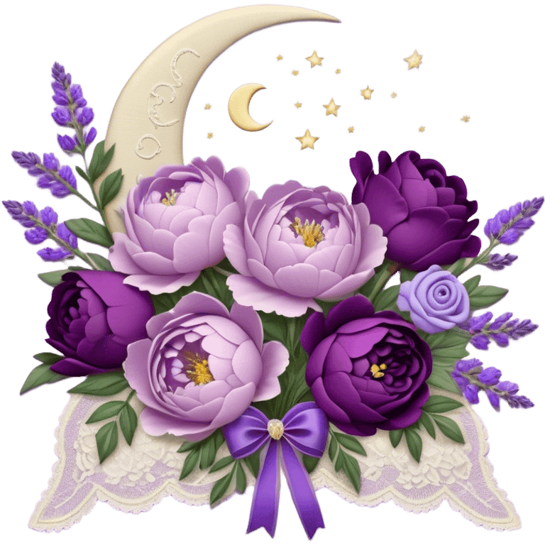 A vintage bouquet of lavender-hued peonies, deep violet roses, and soft lilac pansies, tied together with a silk ribbon in shades of plum and amethyst, rests beneath the glow of a crescent moon. Scattered around are tiny embroidered hearts on a delicate lace handkerchief, while the scent of dried lavender lingers in the cool evening air. emoji