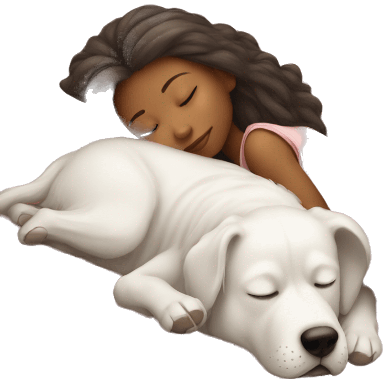 Girl sleeping with white big dog emoji