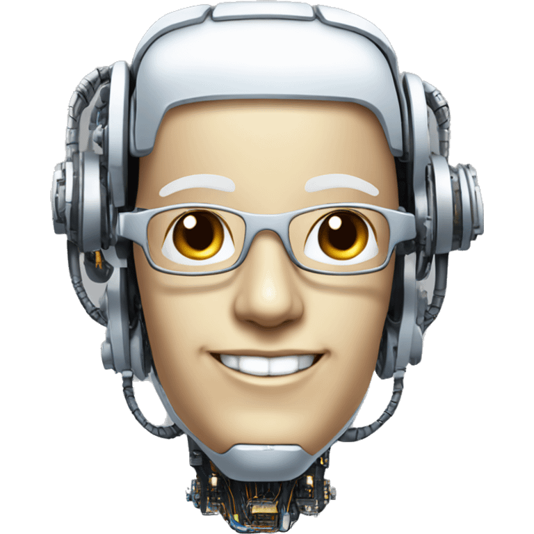 Robotic Cyborg head with fair skin, flat top haircut, rectangular glasses, circuits and smiling  emoji