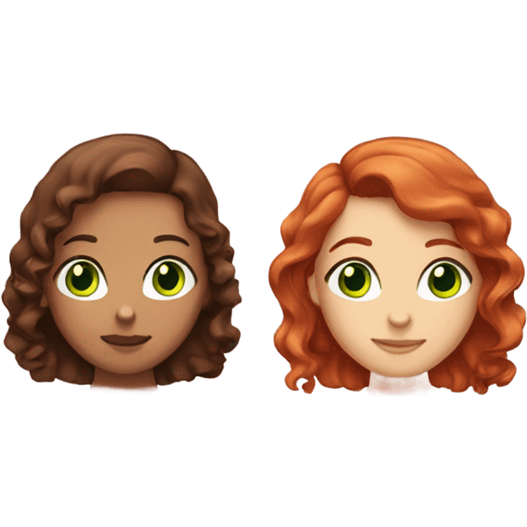 Two girls. right with red straight hair and green eyes. left with dark brown curly hair and brown eyes emoji