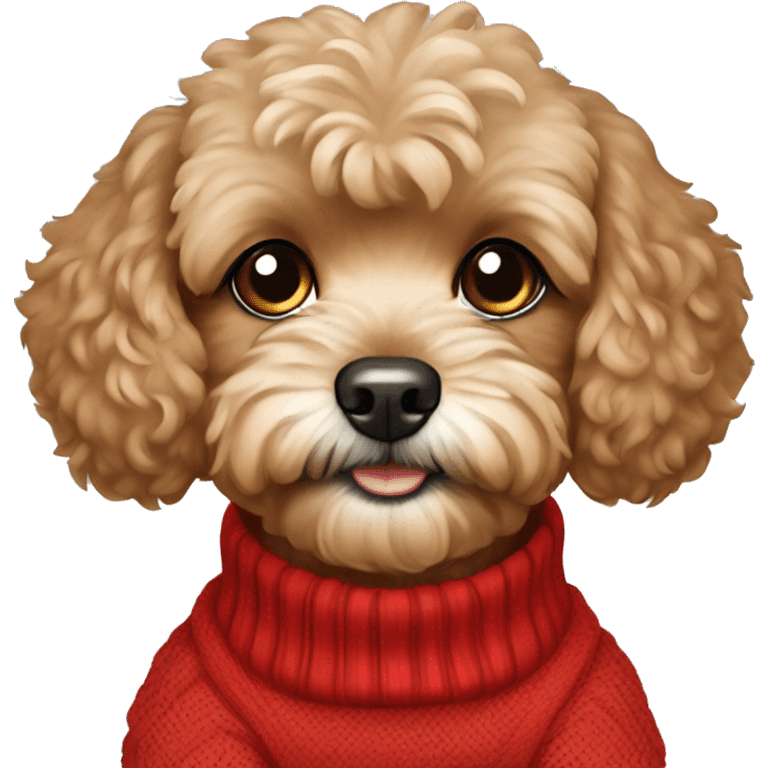 Dog brown Maltipoo wearing red pullover  emoji