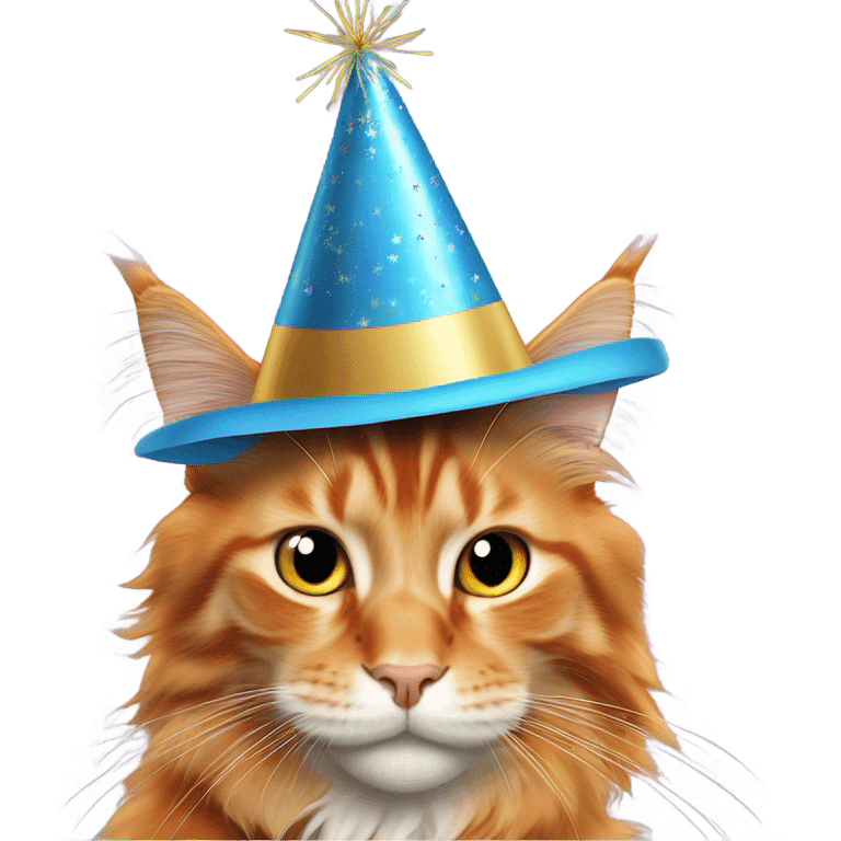 orange maine coon cat wearing a new year’s party hat emoji