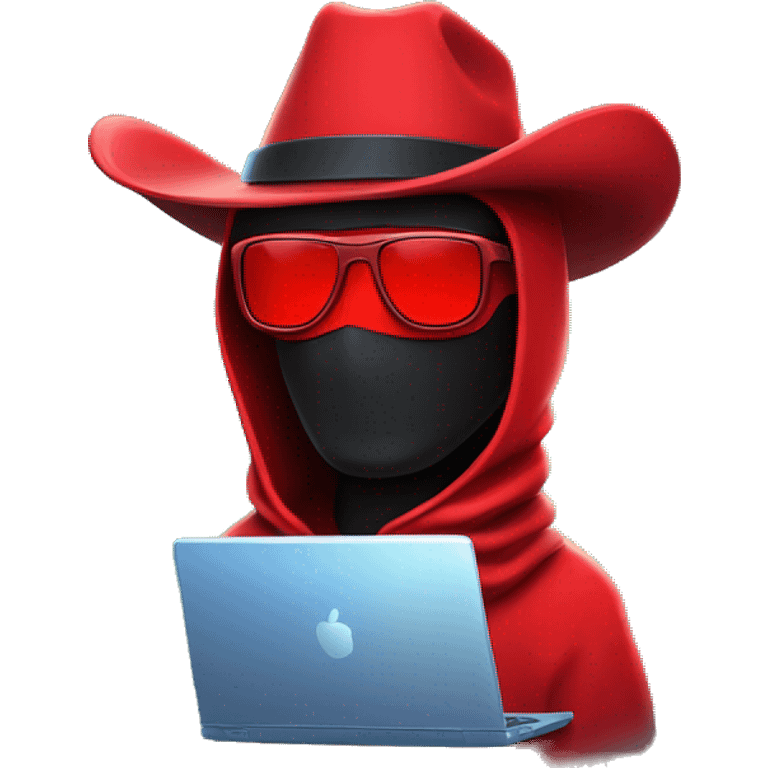 developer behind his laptop with this style :  neon glowing bright red character dark wearing red balaclava assassin themed character sunglasses with big red cowboy hat emoji