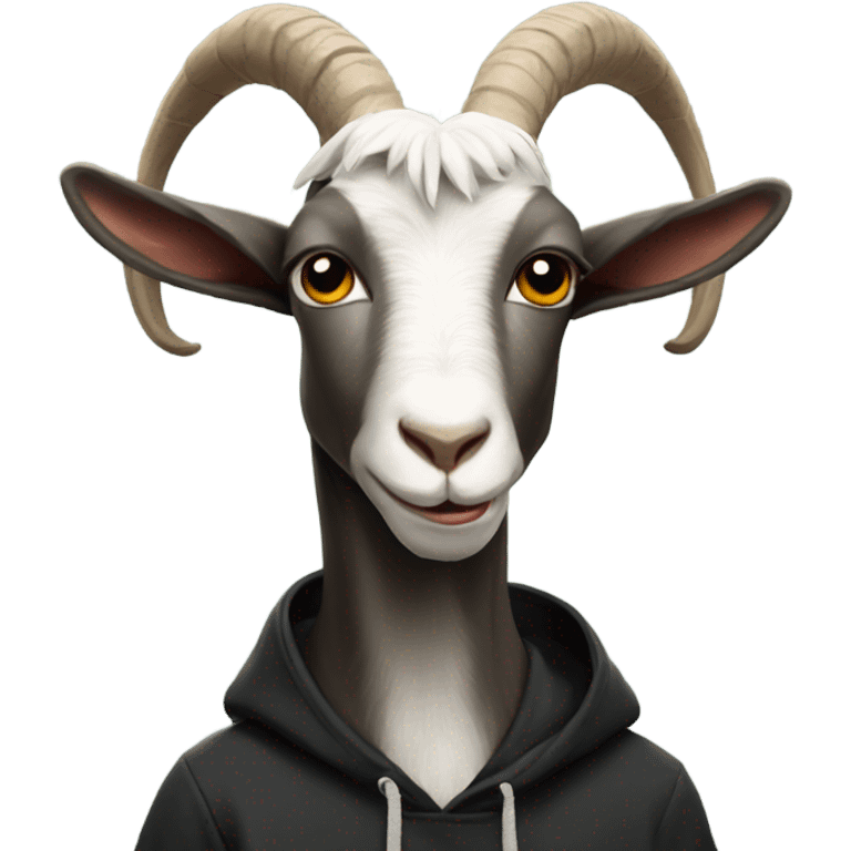 Goat with horns wearing a black hoodie emoji