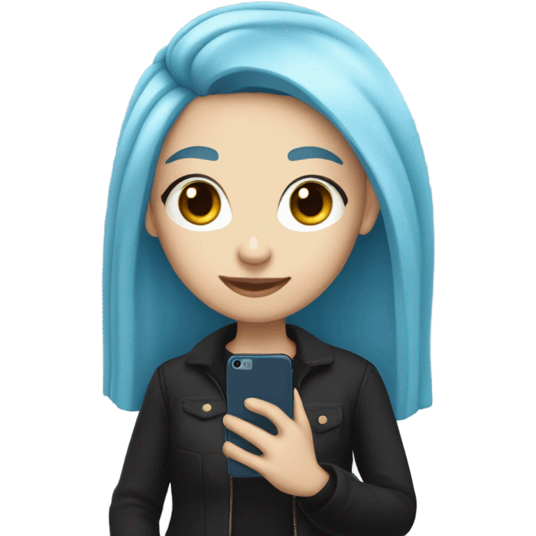 white skin girl with long blue hair in black clothes holding a phone emoji