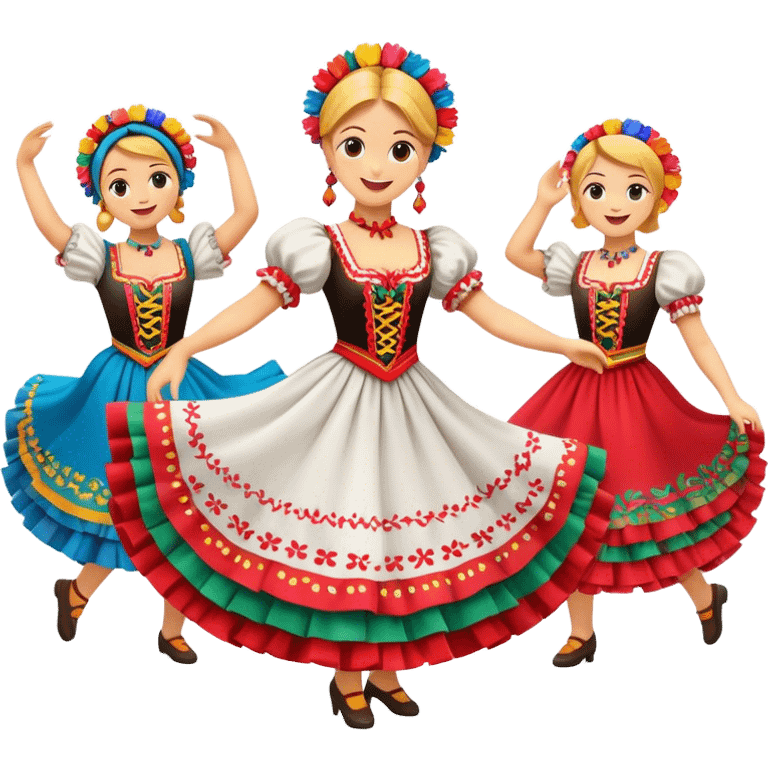 Cinematic Realistic Mazurka Dance Emoji, depicted as a lively traditional Polish folk dance scene with colorful costumes and spirited movement, rendered with dynamic textures and vibrant festive lighting that captures its rhythmic energy. emoji