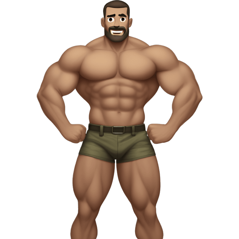 White skin, dark brown hair, hairy body, Bodybuilder, biceps, high and tight military haircut, wearing briefs emoji