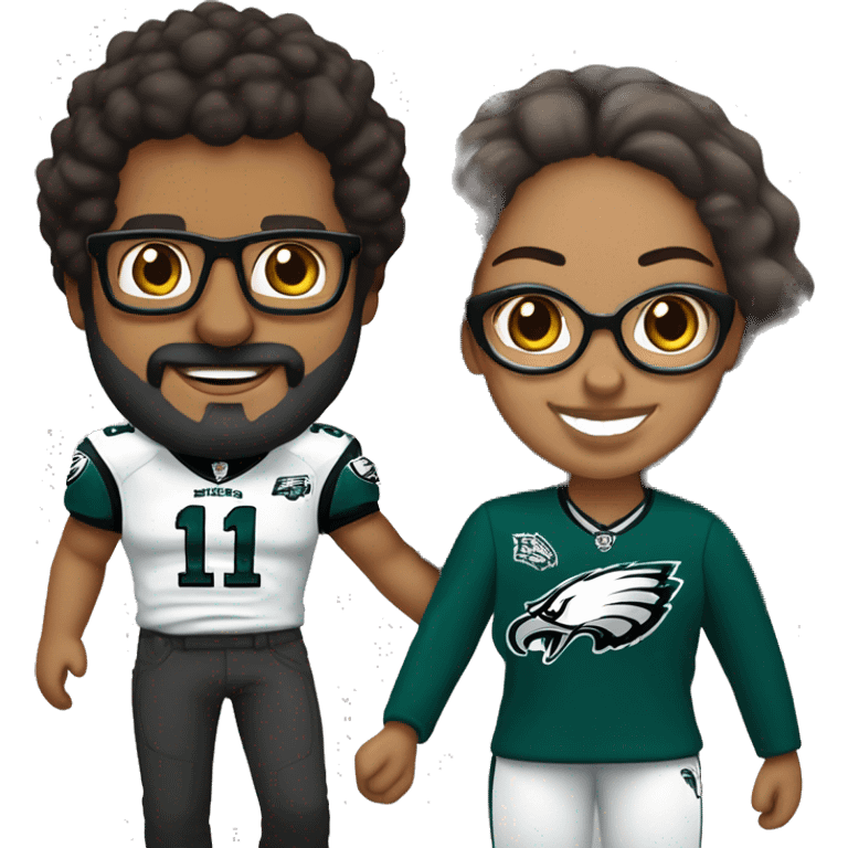 Brown guy with beard mustache and brown girl with glasses and hair in a bun in Philadelphia eagles clothes holding hands emoji